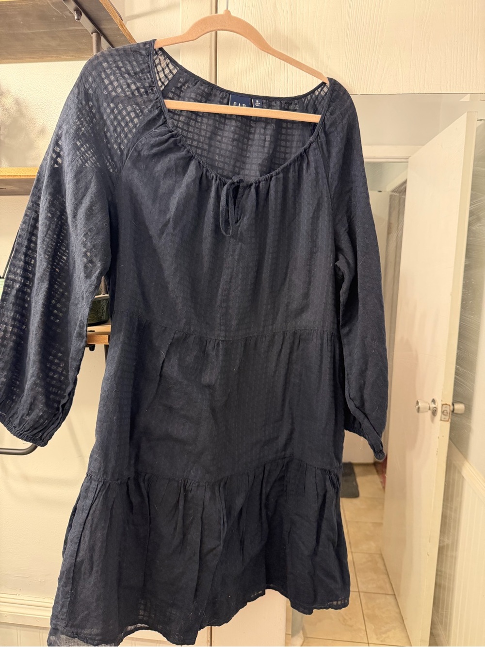 GAP Navy Long-Sleeve Peasant Dress with Tie Neck